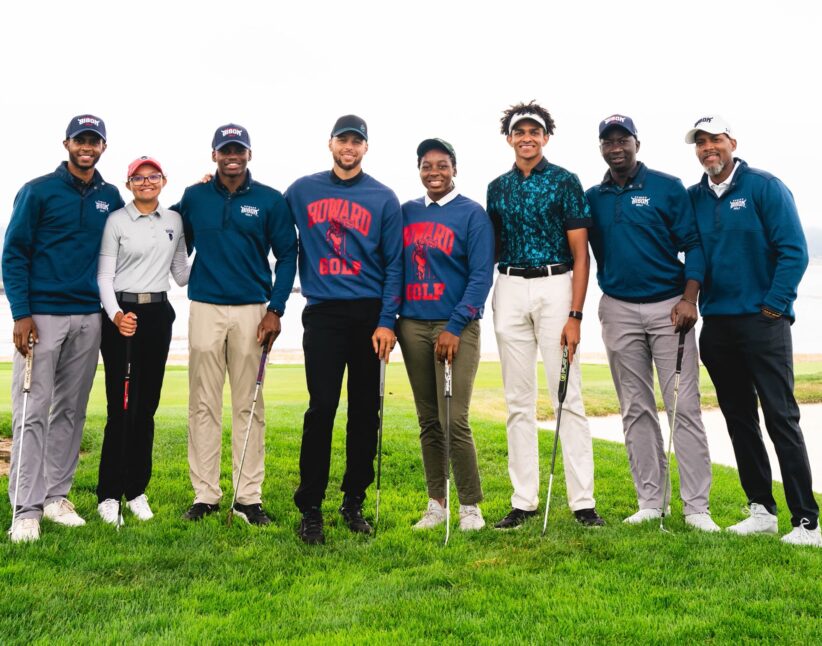 NBA all-star Stephen Curry, fourth from left, is surrounded by members of the program he created during the university’s fundraiser at the famous Pebble Beach Golf Course. From the left, Otis Ferguson, the former Howard student who asked Curry to fund a program, golfers Morgan Taylor, Everett Whiten, Curry, Kendel Abrams, Richard Jones Jr., Edrine Okong and team Coach Sam Puryear.