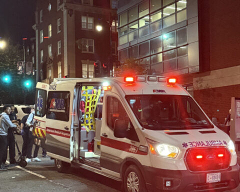 Ambulance transporting injured student next to College Hall North. (Photo: Bamidele Aina/HUNewsService.com)