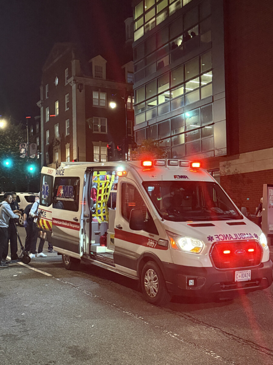 Ambulance transporting injured student next to College Hall North. (Photo: Bamidele Aina/HUNewsService.com)