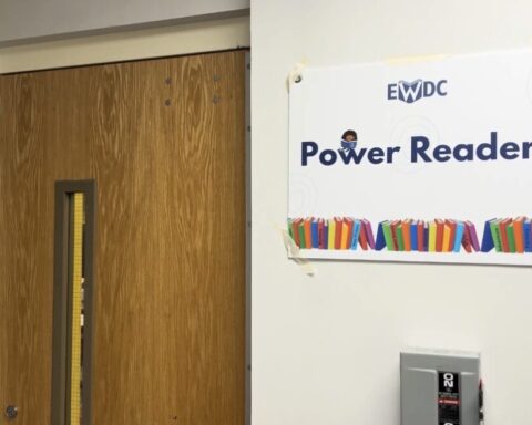 Outside the room where Power Readers mentors and students gather each week at Thomson Elementary School. (Photo: Faith Harper/HUNewsService.com)