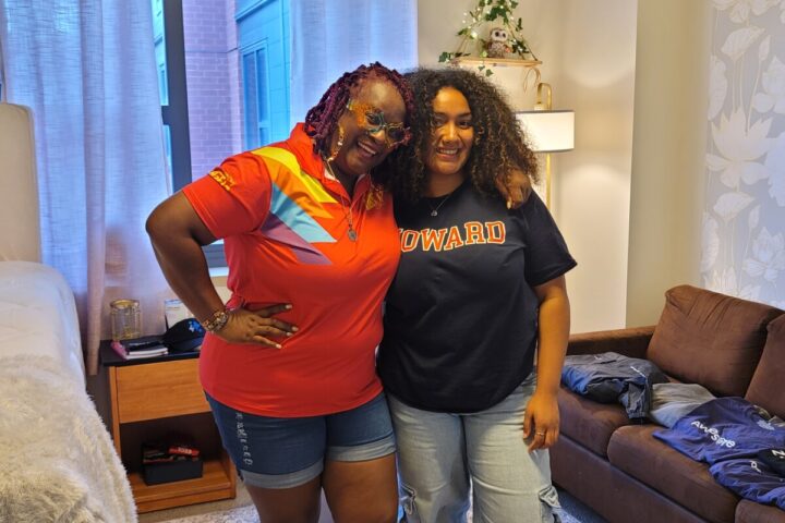 The founder of Move-In Day Mafia, Teej Mercer (L), and a scholar of the organization, Alexis Rodriguez (R), pose for a picture in Rodriguez’s newly decorated dorm room at Howard University. (Photo courtesy of LaTerra Wise)