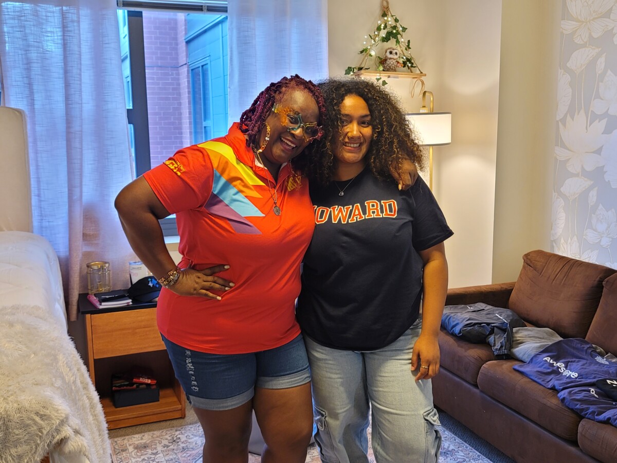 The founder of Move-In Day Mafia, Teej Mercer (L), and a scholar of the organization, Alexis Rodriguez (R), pose for a picture in Rodriguez’s newly decorated dorm room at Howard University. (Photo courtesy of LaTerra Wise)