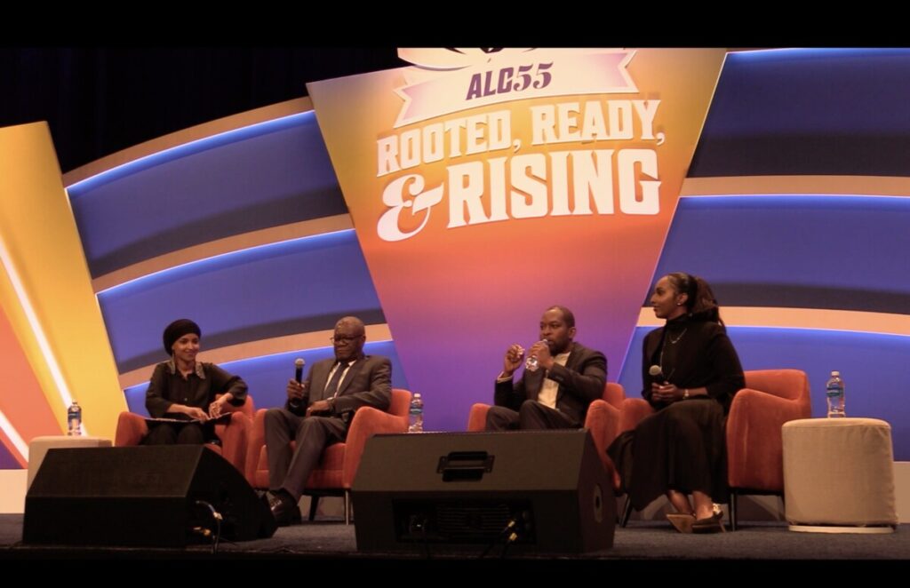 CBC panelists seated on stage with U.S. Representative Ilhan Omar during the 55th Annual Legislative Conference in Washington, DC