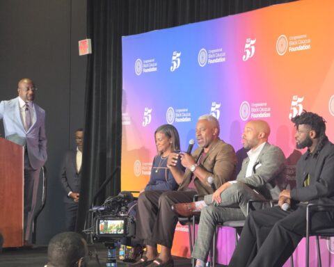 U.S. Senator Rev. Raphael Warnock moderates a panel on the importance of Black fatherhood in the context of maternal mortality at the 55th Congressional Black Caucus Foundation’s Annual Legislative Conference. (Photo: Myla S. Roundy/HU News Service)
