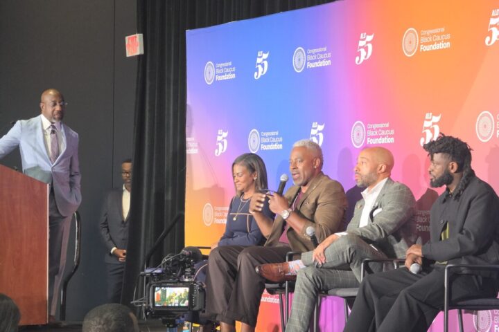 U.S. Senator Rev. Raphael Warnock moderates a panel on the importance of Black fatherhood in the context of maternal mortality at the 55th Congressional Black Caucus Foundation’s Annual Legislative Conference. (Photo: Myla S. Roundy/HU News Service)