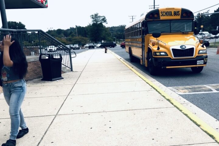 Photo of PGCS school bus outside of Bowie high school.
