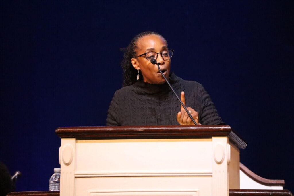 Rev. Judy Fentress-Williams speaks to the Howard community during a sermon titled “Think Small”, which aims to offer encouragement to young people to focus on their God-given assignments. (Tatiana Allen/HU News Service)