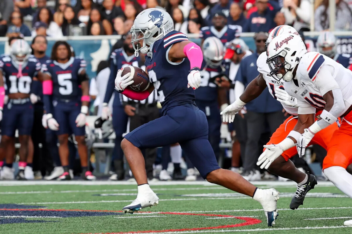 Anthony Reagan Jr. breaking from the defense in the 2025 Homecoming game against Morgan State University. (Photo courtesy of HUBison)