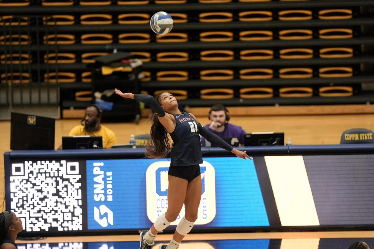 Addison Buckner hits the ball in the match against Coppin State University on Friday, Oct. 23 in Baltimore. (Photo courtesy of HUBison)