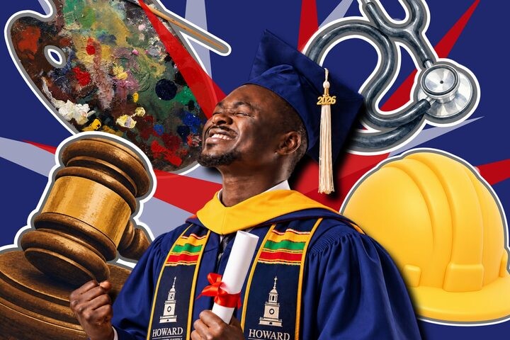 A college graduate in a Howard University graduation robe, with pictures of items representing different career paths behind him. (Graphic by Eva-Sychell Mitchell/The Hilltop)
