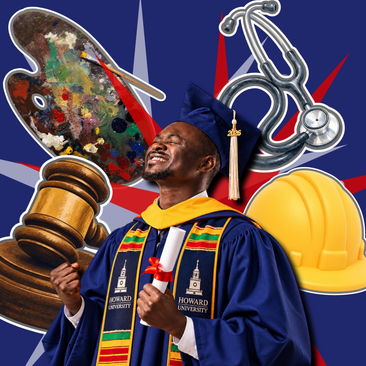 A college graduate in a Howard University graduation robe, with pictures of items representing different career paths behind him. (Graphic by Eva-Sychell Mitchell/The Hilltop)