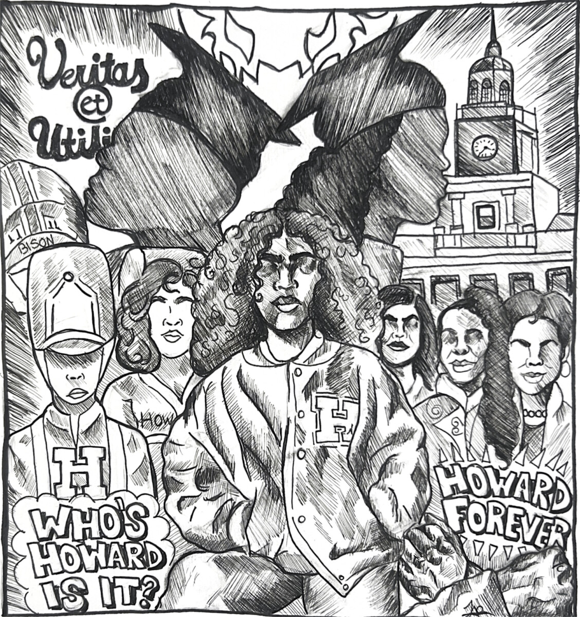Illustration of legacy: current students on the left and notable alumni on the right at Howard’s 2026 Homecoming. (Illustration by Jazzlyn Rainey/ The Hilltop)