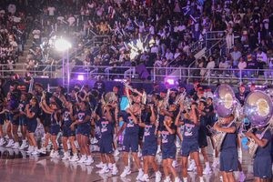 Howard University “SHOWTIME” Marching Band performs at the HU x Jordan Bison Madness in Burr Gymnasium on Oct. 13. (Clariss Duhaney/The Hilltop)