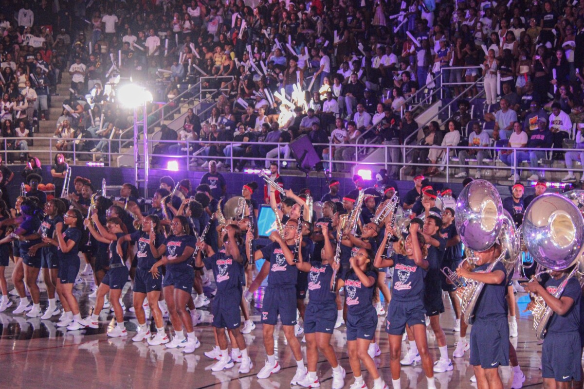 Howard University “SHOWTIME” Marching Band performs at the HU x Jordan Bison Madness in Burr Gymnasium on Oct. 13. (Clariss Duhaney/The Hilltop)