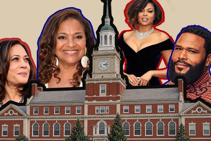 Left to right: Kamala Harris, Debbie Allen, Taraji P. Henson, Anthony Anderson, collage of some of Howard’s famous alumni, behind a photo of Founder’s Library. (Graphic by Eva-Sychell Mitchell/The Hilltop)