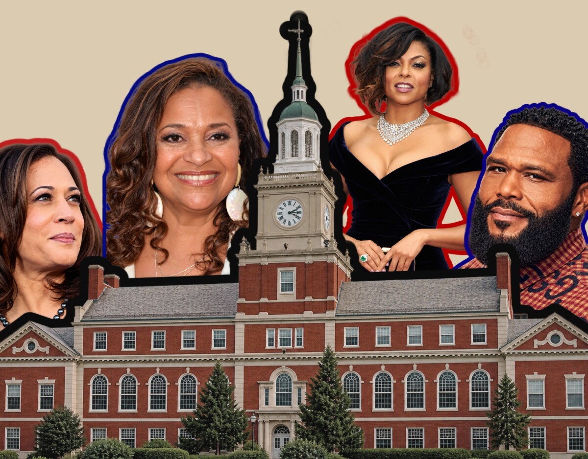 Left to right: Kamala Harris, Debbie Allen, Taraji P. Henson, Anthony Anderson, collage of some of Howard’s famous alumni, behind a photo of Founder’s Library. (Graphic by Eva-Sychell Mitchell/The Hilltop)